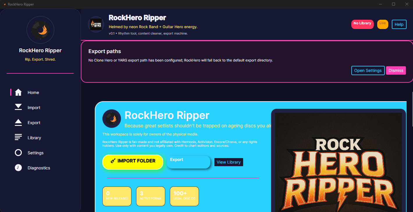 RockHero Ripper home view showing library interface