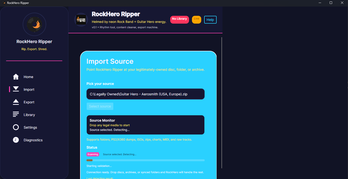 RockHero Ripper import screen with platform detection